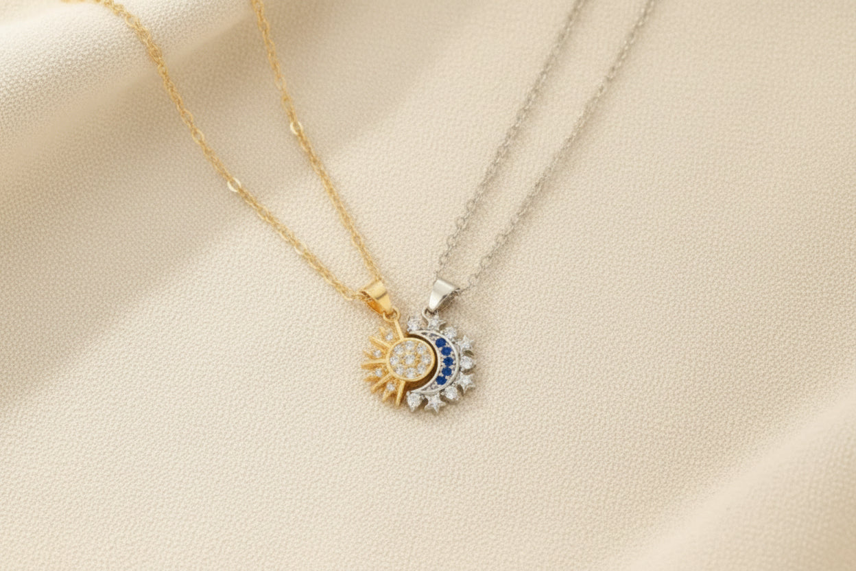 2Pcs/Set Magnetic Couple Matching Necklace Sun Moon Heart Shape Magnet Paired Pendant Jewelry Chain Choker Fashion Lover Gift