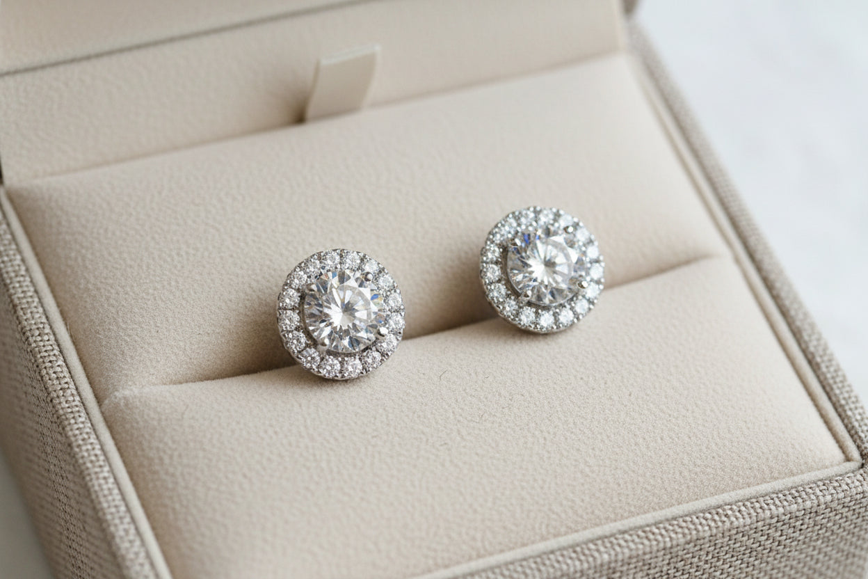 Female Luxury Crystal round Stud Earrings Vintage Silver Color Wedding Jewelry White Zircon Stone Earrings for Women
