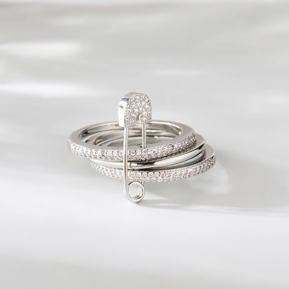 Modische Sicherheitsnadel, Stapelbare Ringe Für Frauen, Zirkonia, Pavé-Fassung, Mehrere Glieder, Statement-Ringe, Klobig, Stapelbar, Schmuck, Geschenk