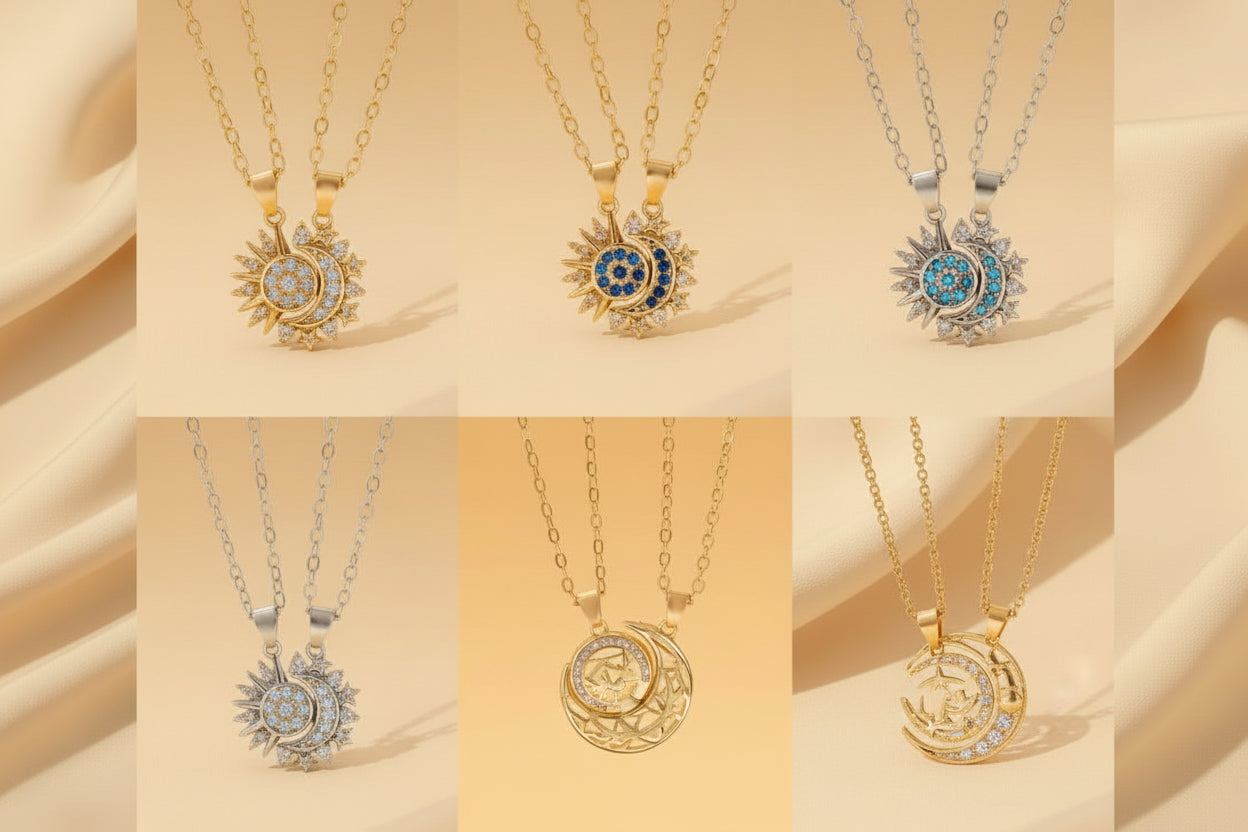 2Pcs/Set Magnetic Couple Matching Necklace Sun Moon Heart Shape Magnet Paired Pendant Jewelry Chain Choker Fashion Lover Gift