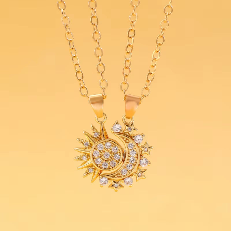 2Pcs/Set Magnetic Couple Matching Necklace Sun Moon Heart Shape Magnet Paired Pendant Jewelry Chain Choker Fashion Lover Gift